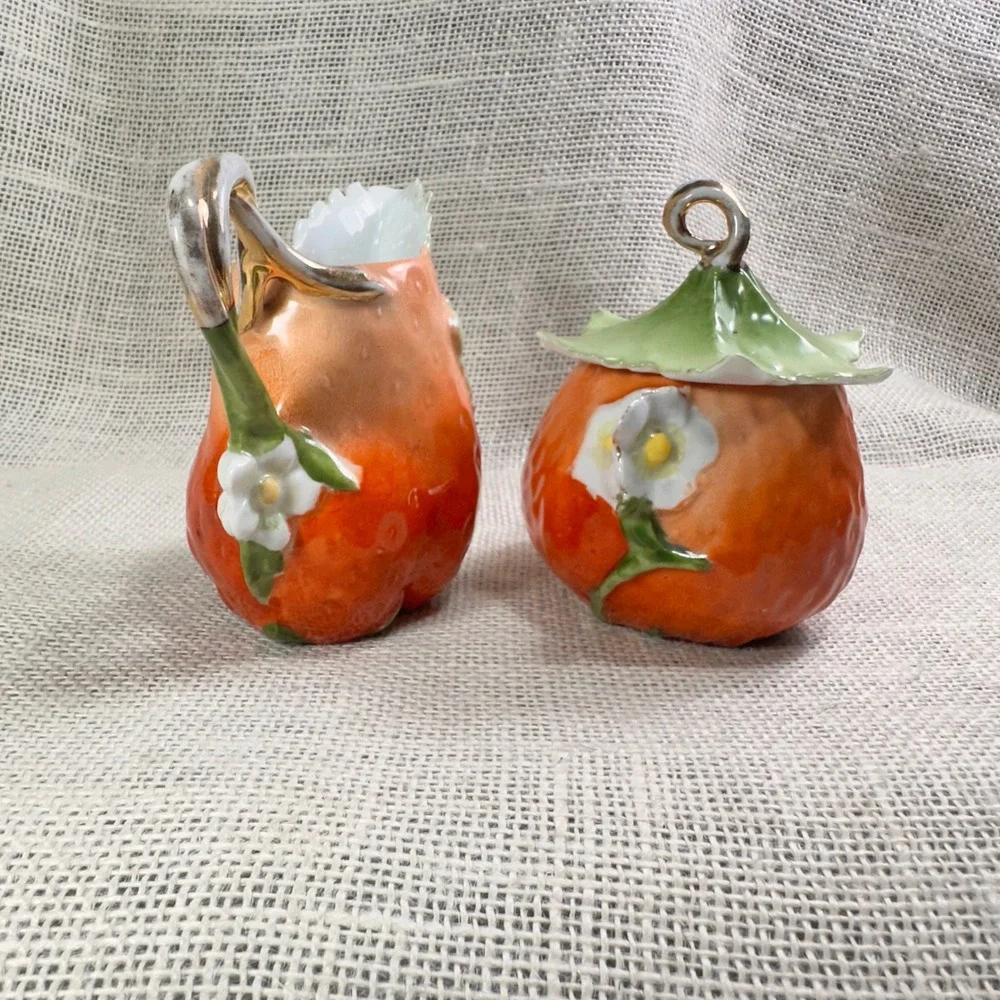 Royal Bayreuth Strawberry Creamer Sugar Bowl Set Vintage Porcelain Figural READ
